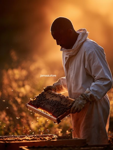 Golden Hour Beekeeper with Honeycomb Frame – Rustic Farm Aesthetic