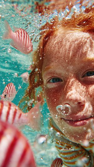 Freckled child underwater with striped fish
