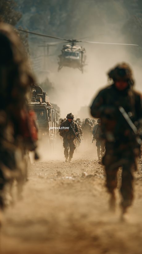Military Patrol with Helicopter Support on Dusty Road