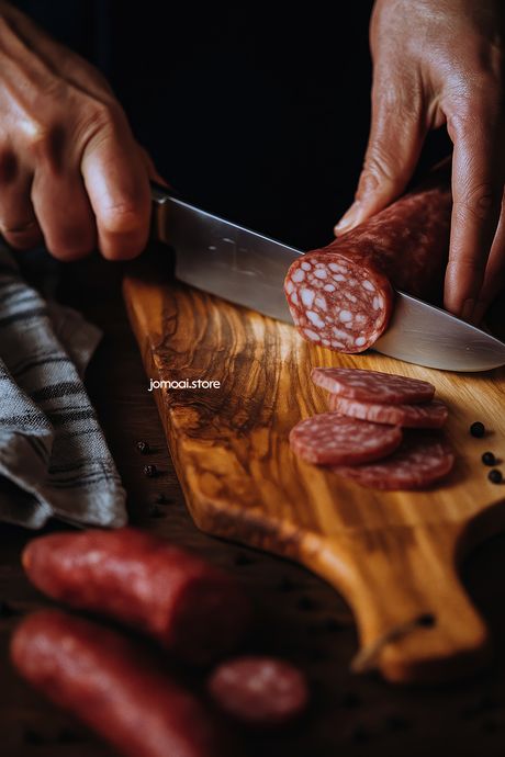Artisan Charcuterie Moment: Rustic Salami Cutting Scene