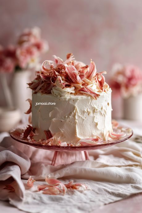 White Layer Cake With Whipped Frosting And Rhubarb Petals
