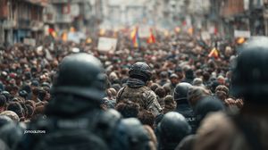 Massive Protest Crowd with Riot Police in European City