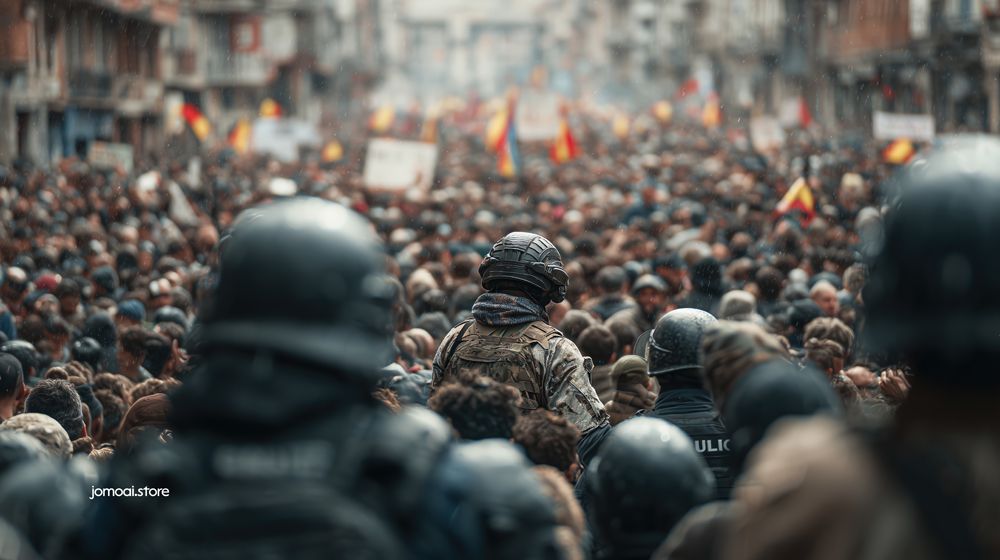 Massive Protest Crowd with Riot Police in European City