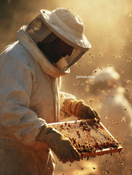 Golden Hour Beekeeper with Hive Frame – Rustic Farm Aesthetic