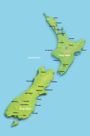 Detailed 3D map of New Zealand with cities marked