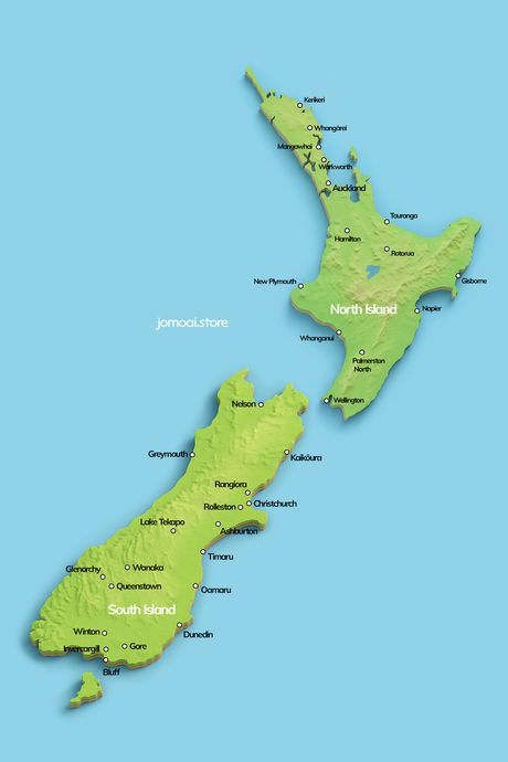 Detailed 3D map of New Zealand with cities marked