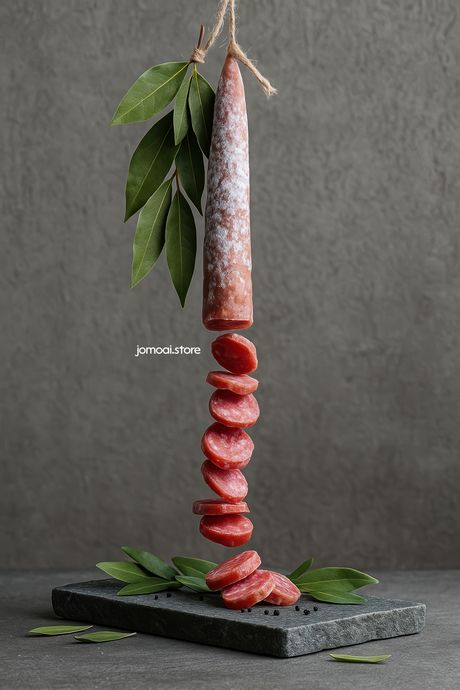 Levitation Concept With Hanging Salami And Floating Slices