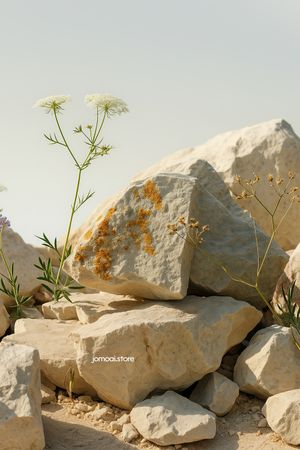 Sunlit Wildflowers and Lichen on Natural Stone