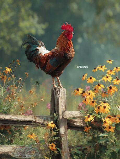 Rustic Farmhouse Rooster on Wooden Fence – Farm Cottage Aesthetic