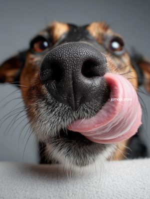 Funny Macro Shot of Dog Licking Its Nose – Close-Up Portrait with Soft Gray Background