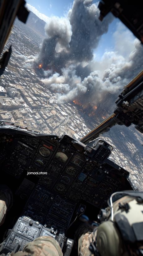 Pilot’s View of City Under Attack with Rising Smoke and Fire