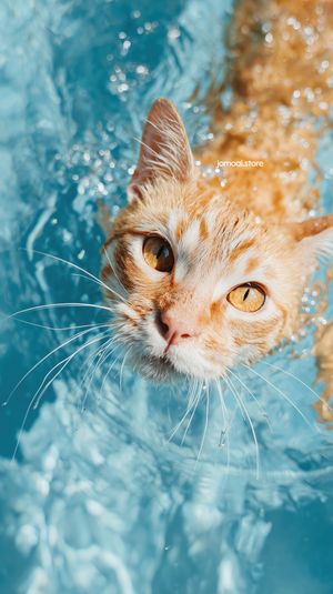 Swimming cat approaching camera with water splash