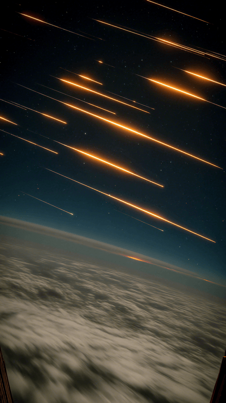 Spaceship window view during meteor shower flight