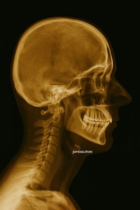 X-ray image of human skull and cervical spine in profile
