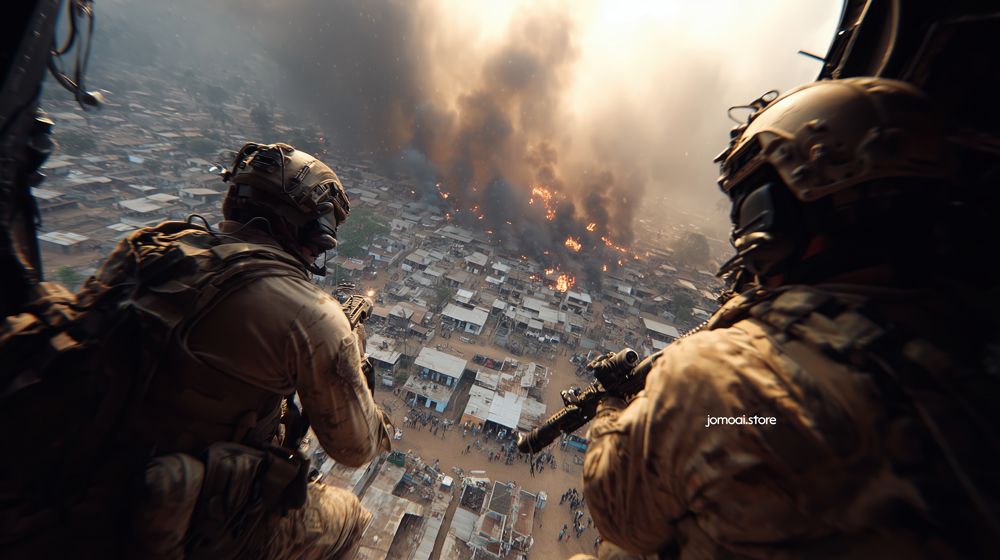 Soldiers Aiming From Helicopter Over Burning City Below