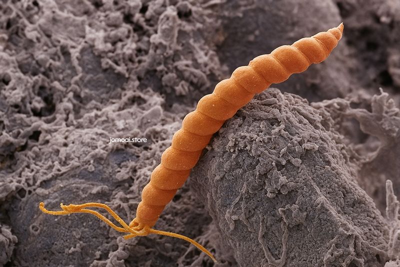 Colorized SEM Image of Helicobacter Pylori Bacteria Cluster on Stomach Lining