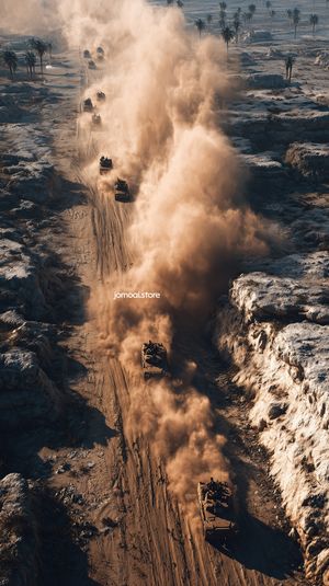Massive tank convoy kicking up dust in harsh desert 