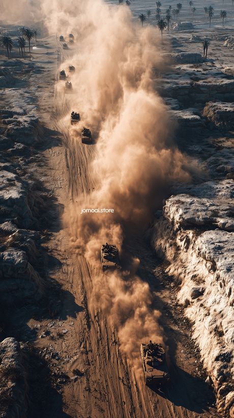 Massive tank convoy kicking up dust in harsh desert 