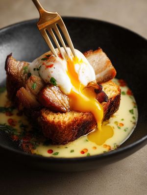 Gourmet Brioche Toast With Poached Egg And Crispy Pork Belly