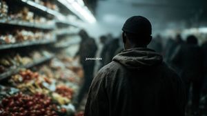 Man Facing Scarce Grocery Shelves in Tense Atmosphere