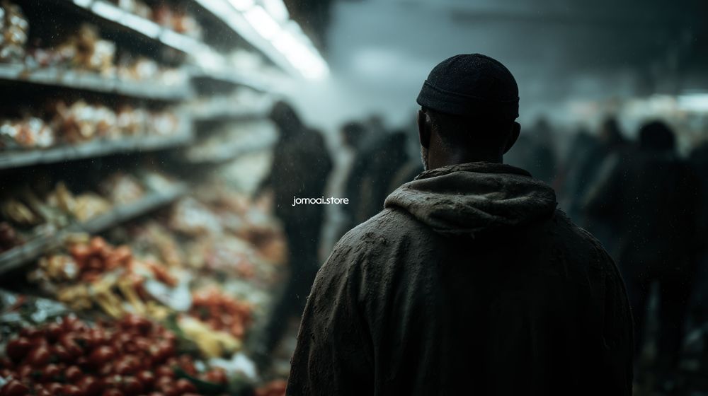 Man Facing Scarce Grocery Shelves in Tense Atmosphere