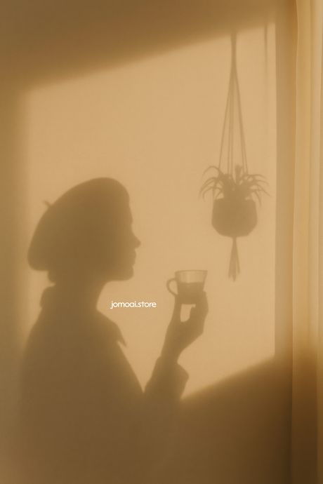 Shadow silhouette of woman with cup and hanging plant