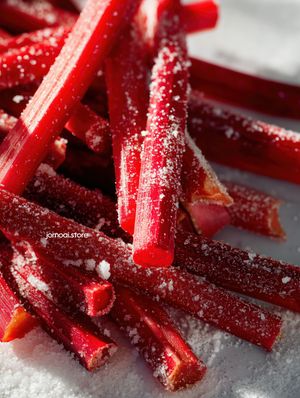 Fresh Raw Rhubarb Stalks With Sugar Crystals (Macro)