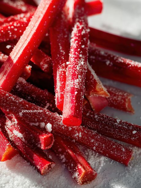 Fresh Raw Rhubarb Stalks With Sugar Crystals (Macro)