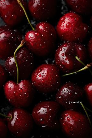 Glossy Dark Red Cherries with Water Droplets – High-Resolution Macro Image