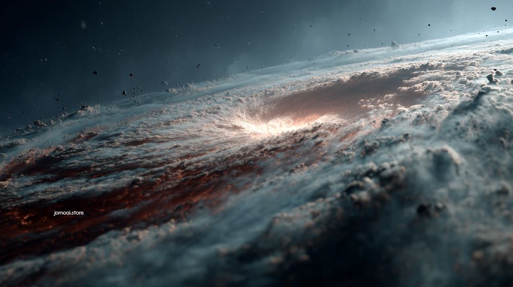 Slow spiral into glowing cosmic vortex with debris