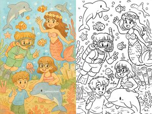 Magical underwater adventure coloring page with mermaid and kids