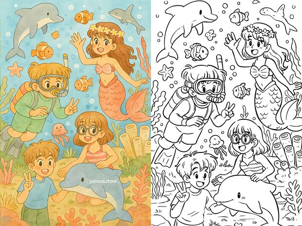 Magical underwater adventure coloring page with mermaid and kids