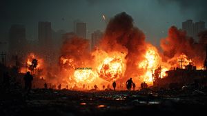 Massive Urban Explosion with Silhouetted Figures Fleeing