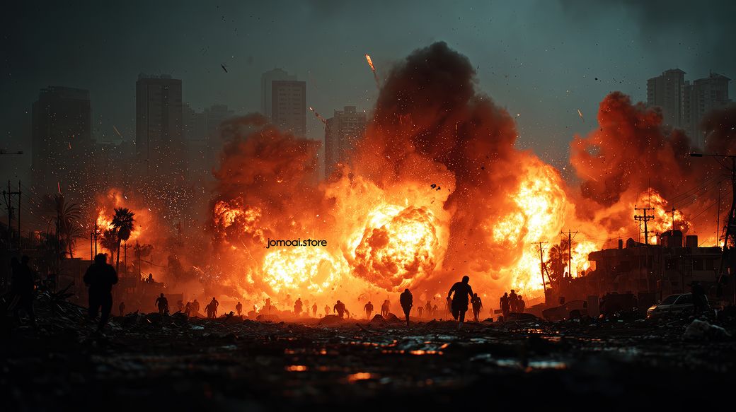Massive Urban Explosion with Silhouetted Figures Fleeing