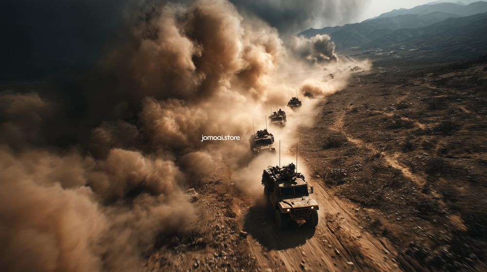 Military convoy stirring dust across wide desert valley