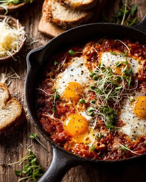 Rustic Shakshuka with Sunny Eggs and Microgreens in Cast Iron Skillet