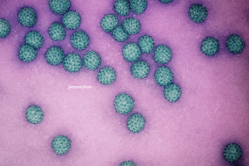 Human Papillomavirus Particles – Colored TEM on Violet Background