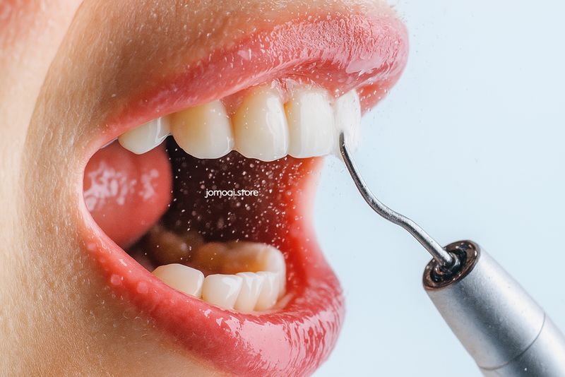 Dental scaler cleaning teeth in open mouth close-up