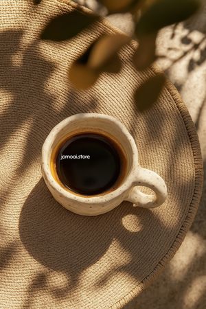 Ceramic cup of black coffee on woven sunlit surface