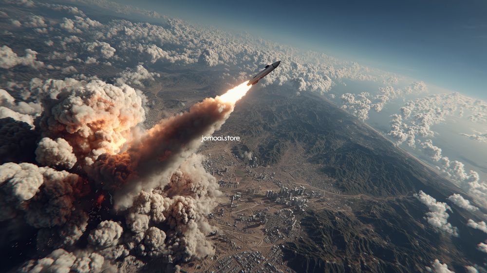 Dramatic Rocket Launch Over City with Billowing Smoke