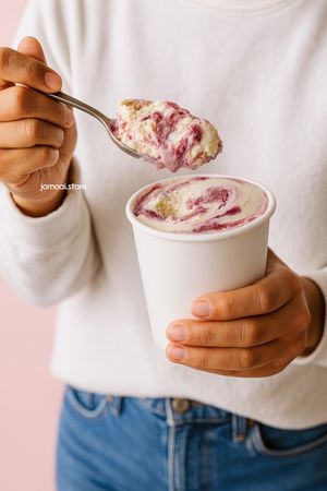 Hand-Held Cup of Berry Swirl Ice Cream with Close-Up Scoop