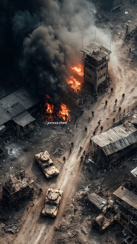 Armored Convoy and Soldiers Advancing Through Burning War Zone