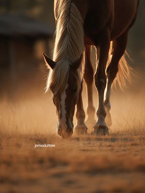 Golden Horse Grazing at Sunset – Rustic Farm Aesthetic