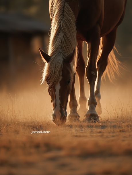 Golden Horse Grazing at Sunset – Rustic Farm Aesthetic