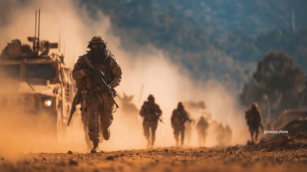 Soldiers Advancing Through Dust with Armored Vehicles