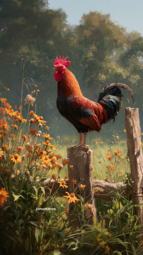 Rustic Farmhouse Rooster Among Wildflowers – Farm Cottage Aesthetic