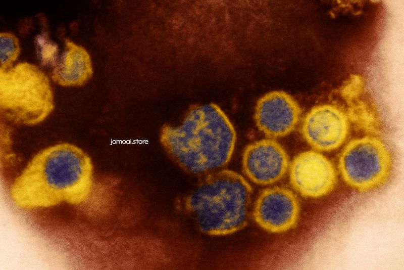 Colorized TEM Image of Epstein–Barr Virus Particles in High Detail