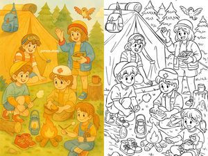 Happy camping adventure coloring page with kids by campfire