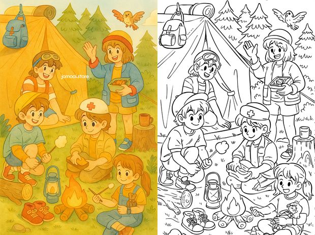 Happy camping adventure coloring page with kids by campfire