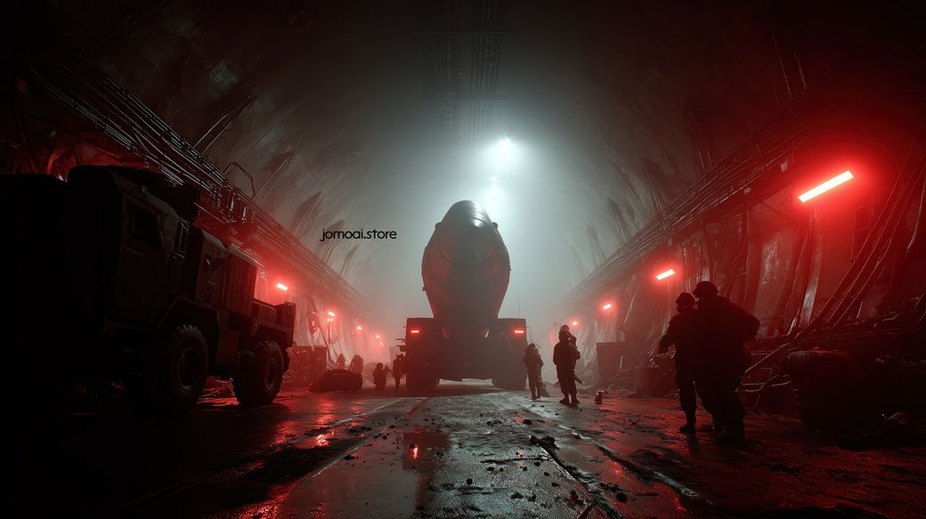 Nuclear Missile Convoy in Underground Tunnel with Red Lights
